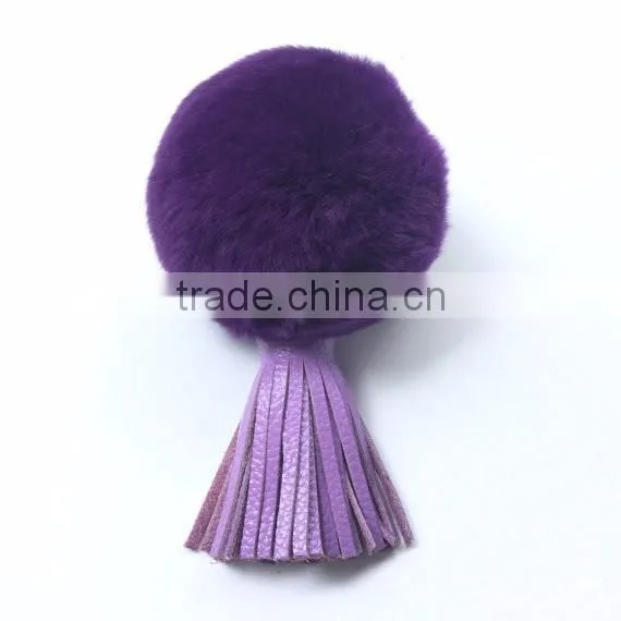 Deep Purple Rabbit Fur bag charm keychain with real leather tassel