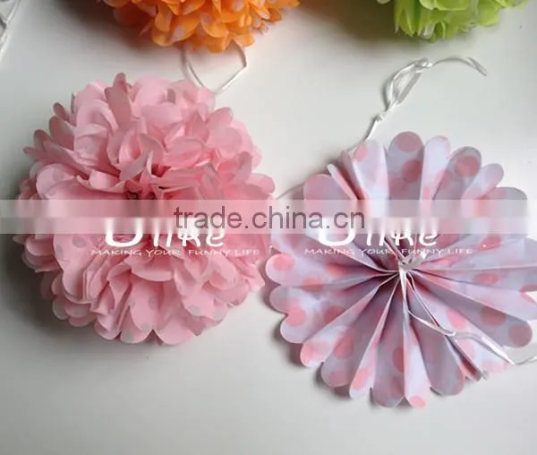 popular polka dot paper fan double used paper pinwheels fan and pom poms flowers wedding table decoration