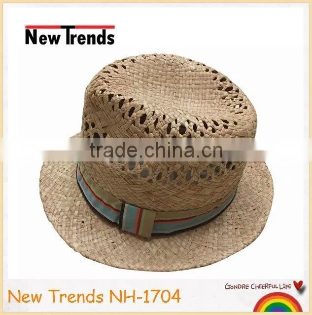 Soft handfeel hollow out handmade raffia straw bucket hat with colorful strip band
