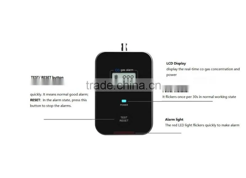 5 years smart sensor portable toxic CO carbon monoxide gas detecting alarm with LCD display and rechargeable battery operated