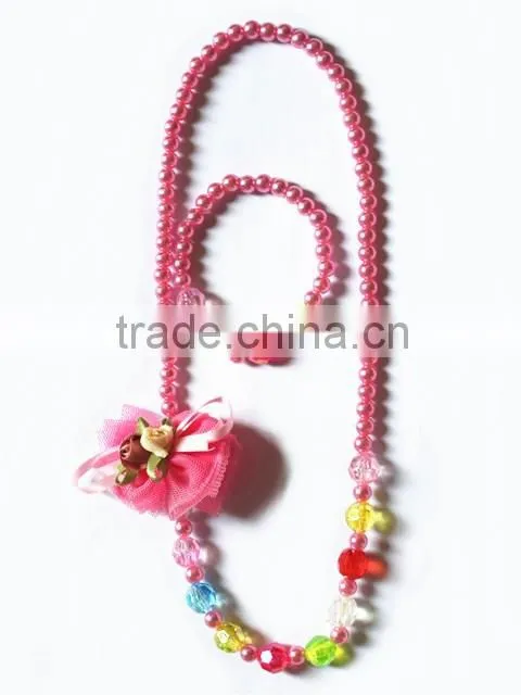 Candy colorful beaded necklace bracelet set with silk flower for kids
