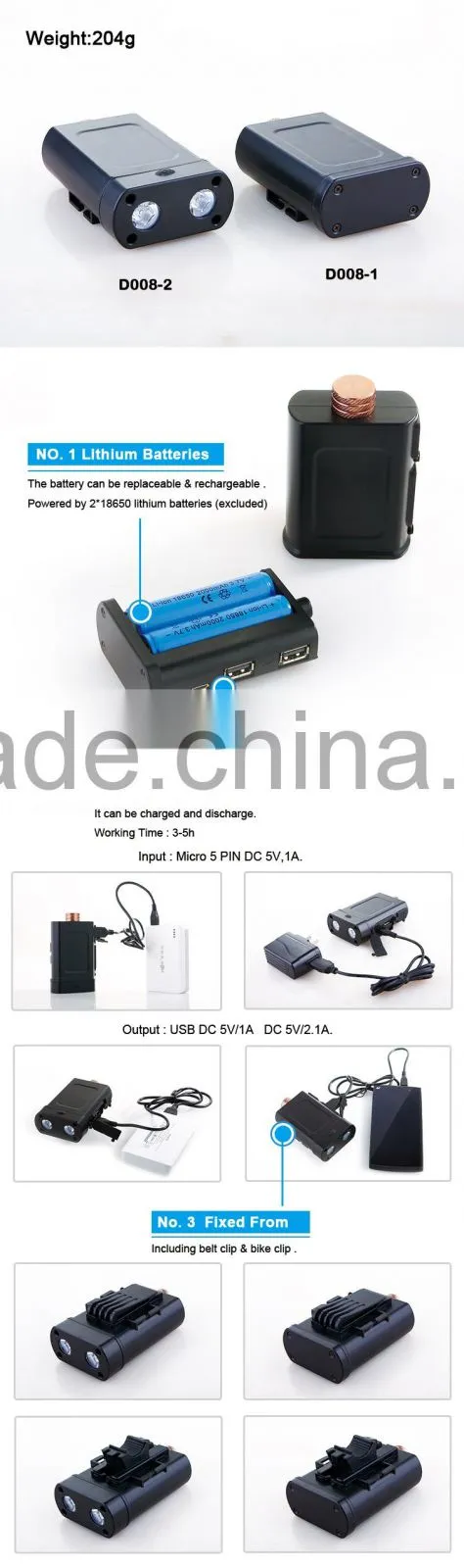 18650 Battery Removable ABS Flashlight power bank