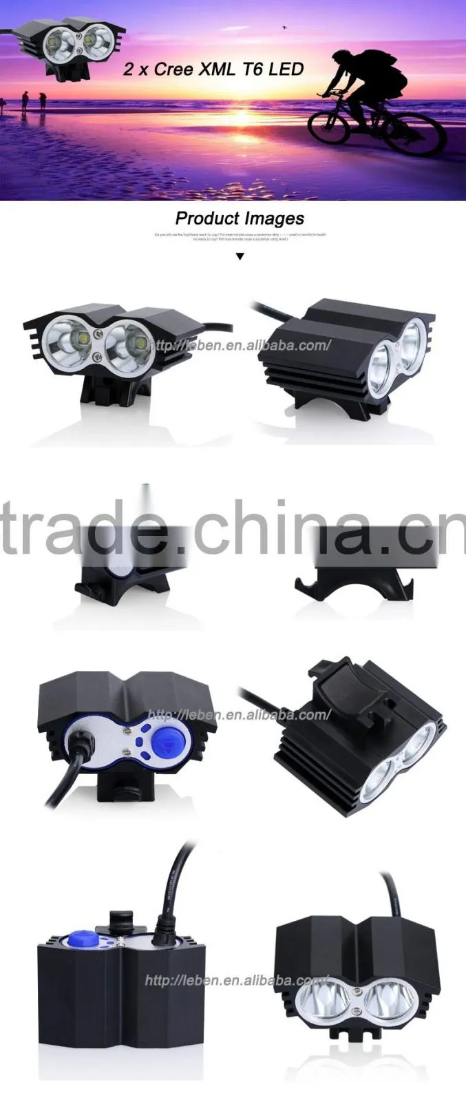 2 x Cree XM-L T6 mountain bike light led bike head light bicycle safety light with high quality
