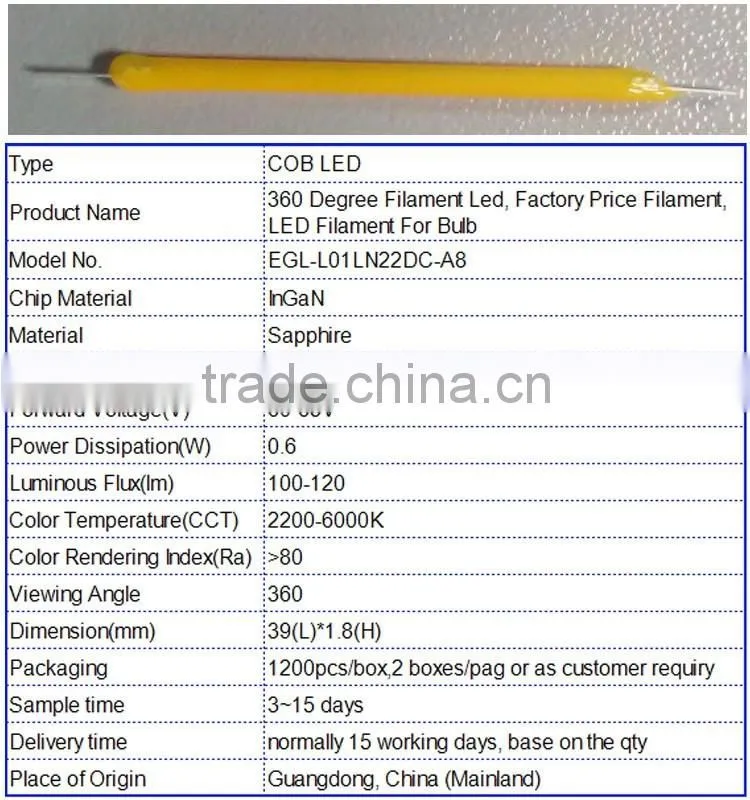 patent product!!HOT!6000K cool white 130-150lm/w high efficacy 360 degree beam angle led cob filament
