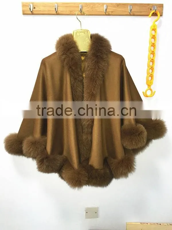OEM women wholesale hebei camel cashmere and fox fur trim cape