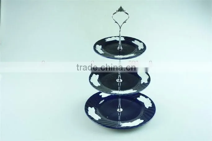 3 tier cheap glazed ceramic cake plate stand for weeding/party use in stock