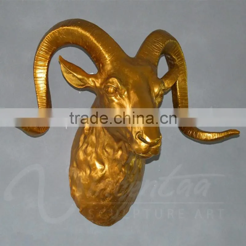 Hiagh quality crafts life fiberglass golden sheep head wall hanging statues for home decor
