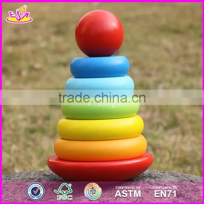 2017 new design colorful rainbow town kids wooden stacking rings toy W13D136