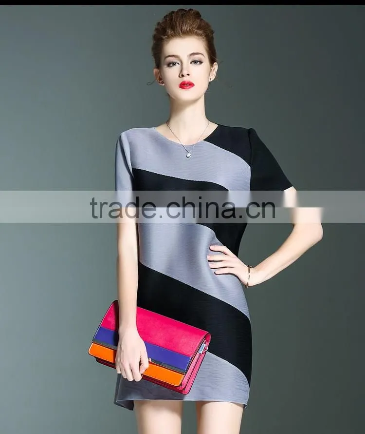 Online shop women twill printed O neck pleated dresses