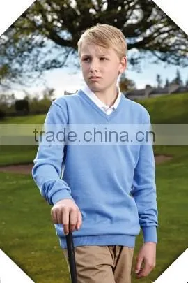 custom made boys cotton blue plain v-neck long sleeve sweater with embroidery logo on the right sleeve