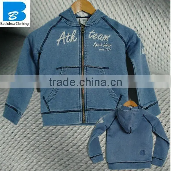 high quality wholesale dark blue kids denim jackets with hoody