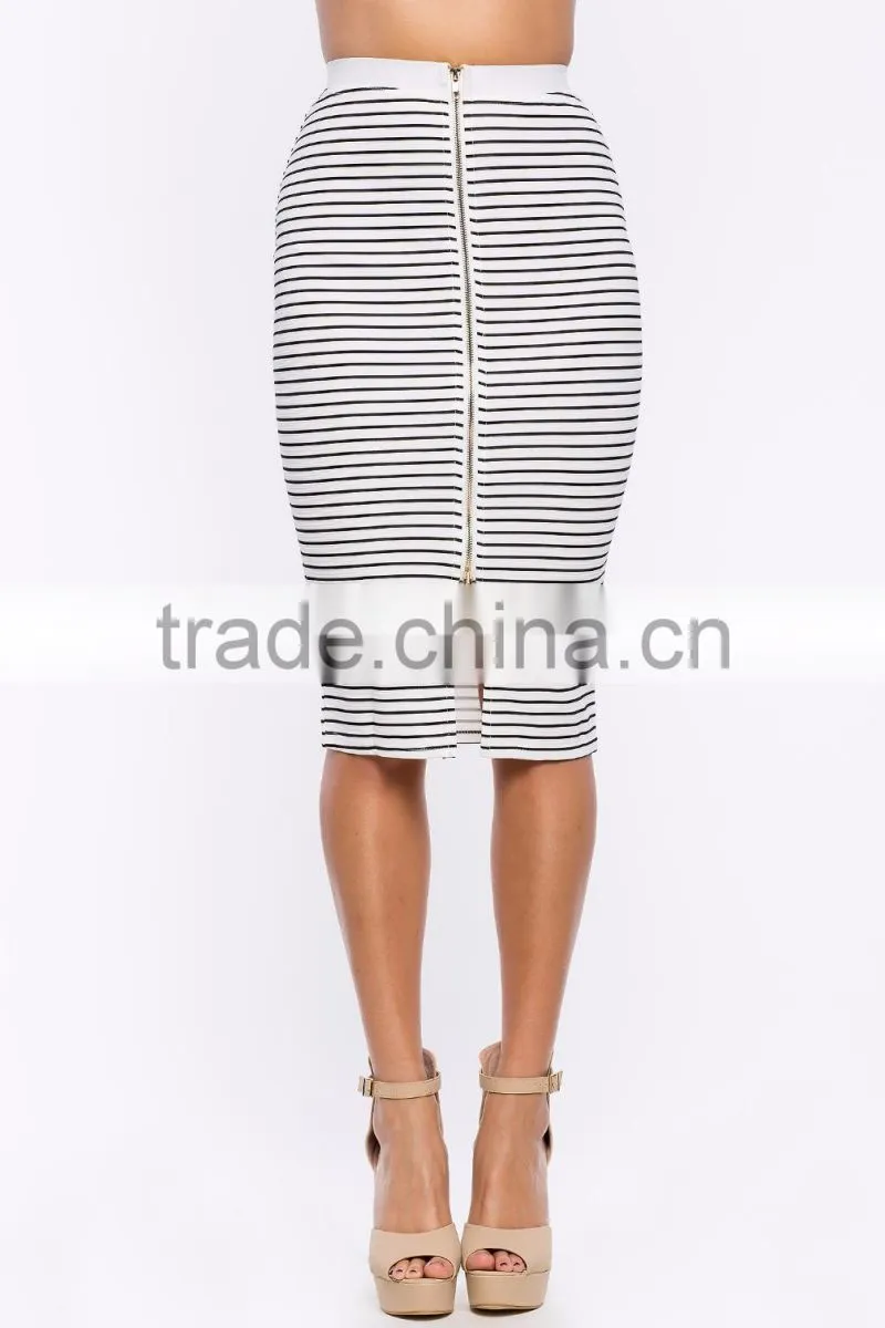 Fashion zip-up front classic stripe skirt women high waist pencil skirt