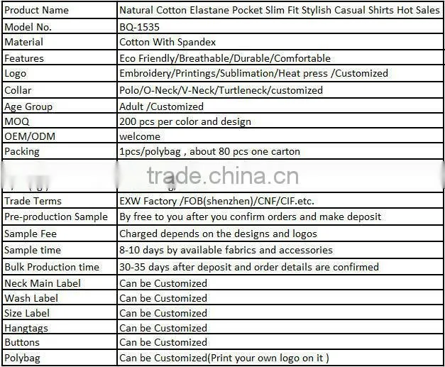 Natural Cotton Elastane Pocket Slim Fit Stylish Casual Shirts Hot Sales