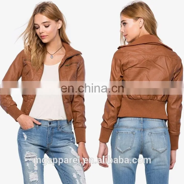 New fashion ribbed knit trim 100% PU leather bomber jacket for women