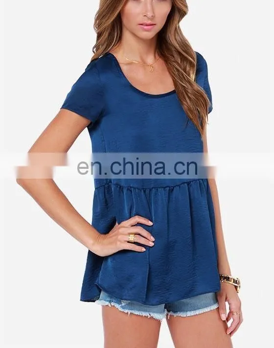 CHEFON Short sleeve fluttering hem soft satin ladies blouse ladies top fashion blouse