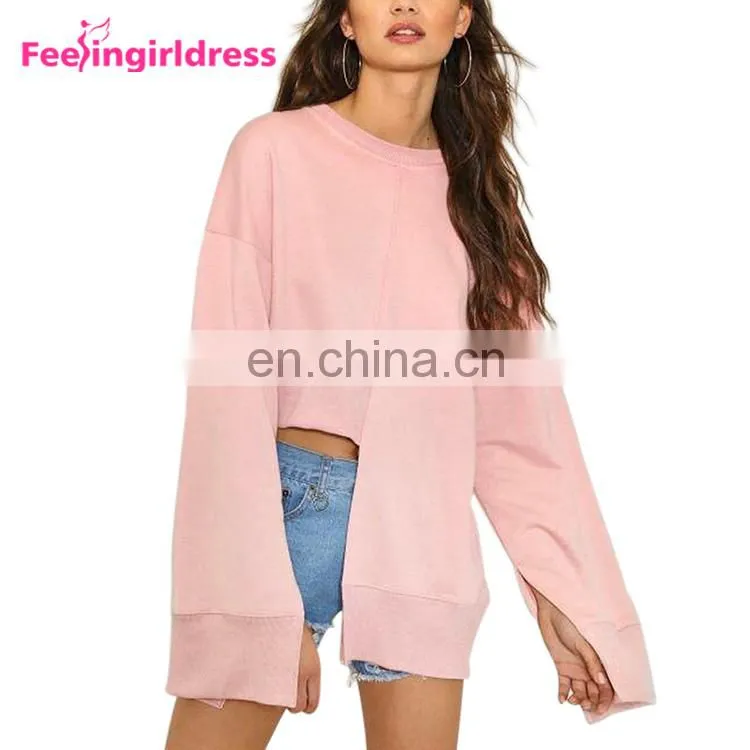 Low Moq Fashion Long Sleeve Women Solid Blank Crew Neck Plain Sweatshirt