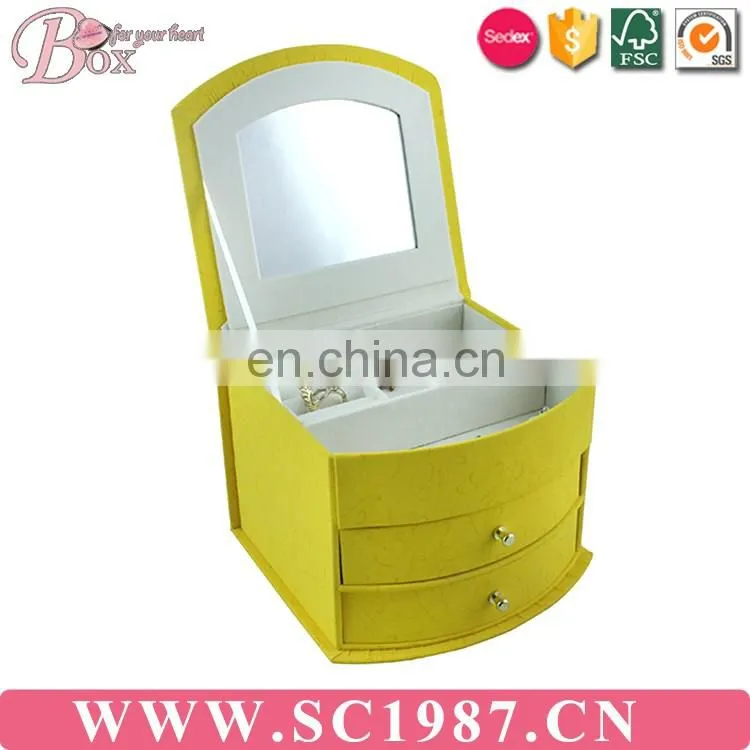 Yellow music operator three layer jewelry box with mirror