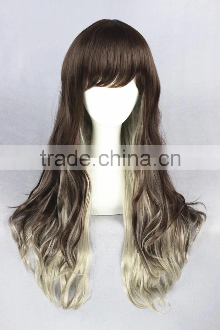 High Quality 65cm Medium Long Wave Brown&Gray Color Mixed Lolita Wig Synthetic Anime Wig Cosplay Hair Wig Party Wig