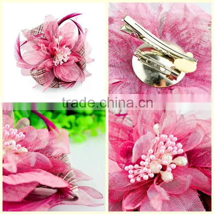 Women hair accessories China pink feather hair flower pins jewelry