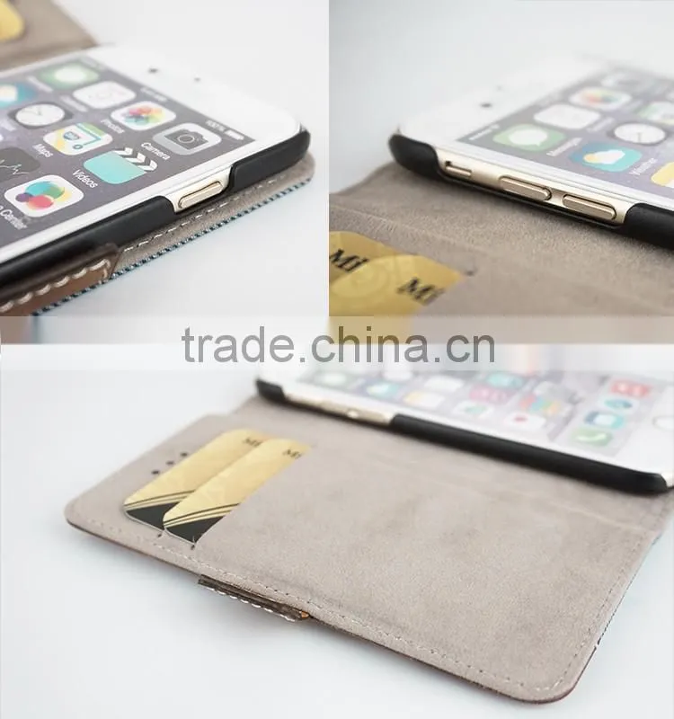 Genuine Leather & Denim Jean Flip Cell Phone Case/Booklet With Card Slots for iPhone 6/6plus for lady/female