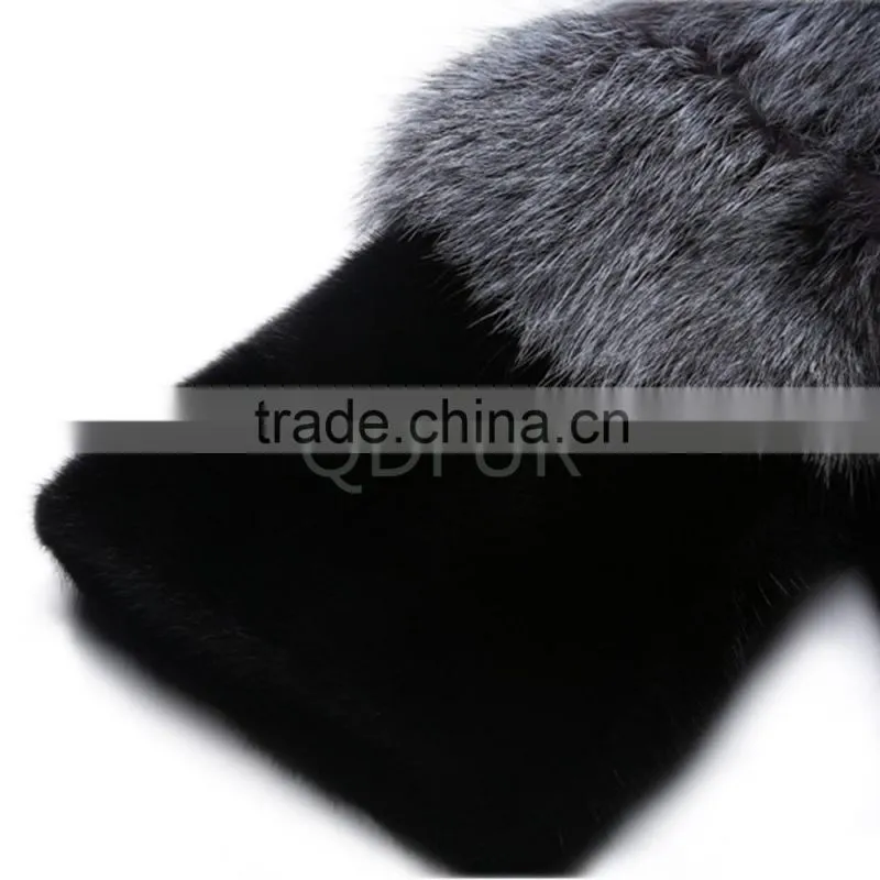 QD30970 Women Winter Real Silver Fox Fur Match Mink Fur Jacket Cross Grain Silver Fox Fur Jacket