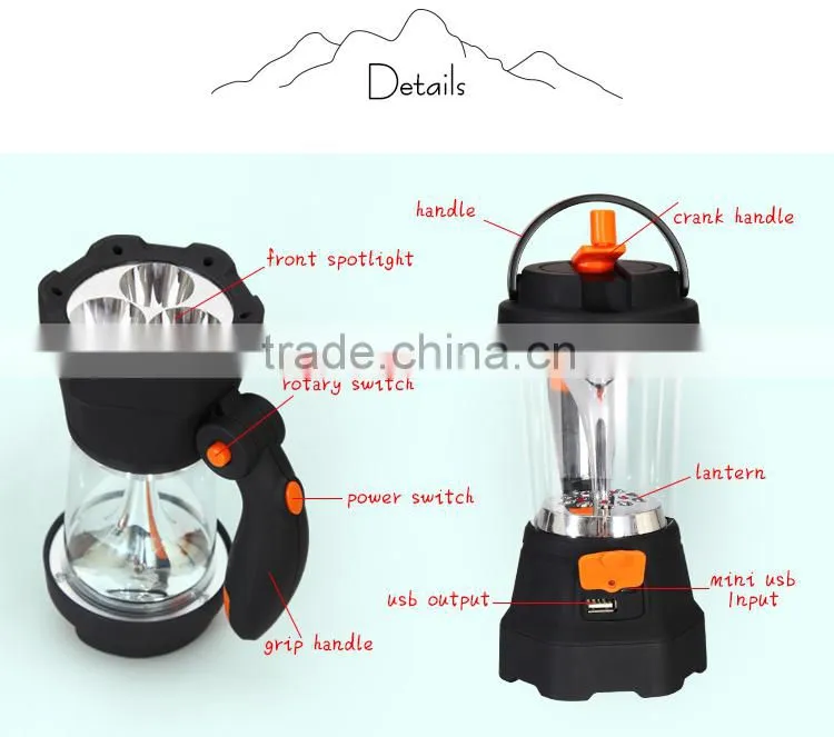 Outdoor USB 4 In 1 Rechargeable LED Spotlight Crank Camping Lantern with mobile charge