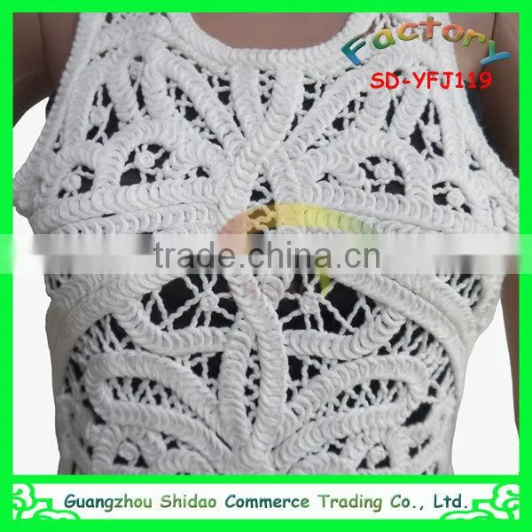 Slim elegant sleeveless white cotton crochet openwork lace knee length embroidery blouses