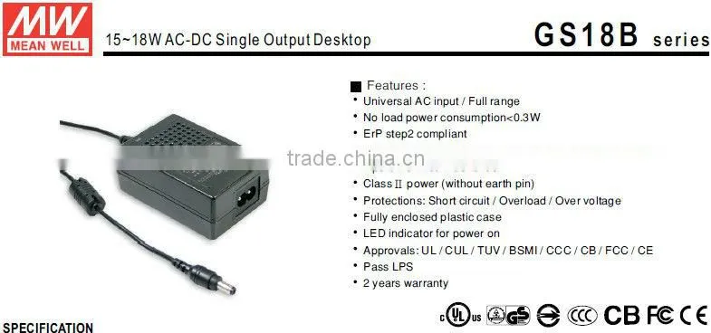 Meanwell 15~18W AC-DC Single Output Desktop 24v switch power supply/power supply cord with switch