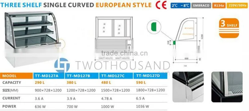 2017 Hot Selling Display Counter Restaurant Equipment, 2-8 'C, 380 L, 3 Shelf, CE, TT-MD127B