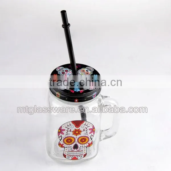 Halloween Smile Skull decal glass mason jar with handle 16oz
