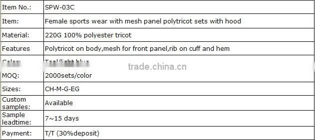 Female sports wear with mesh panel polytricot sets with hood