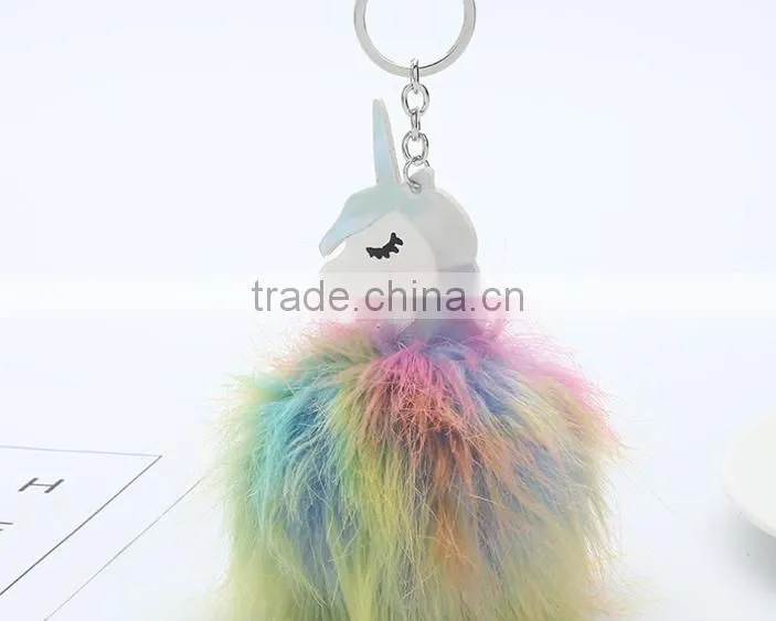 shiny unicorn horse animal fur pom pom keychain bag charms unique faux fur ball bag charms 2017 keychain premium gifts