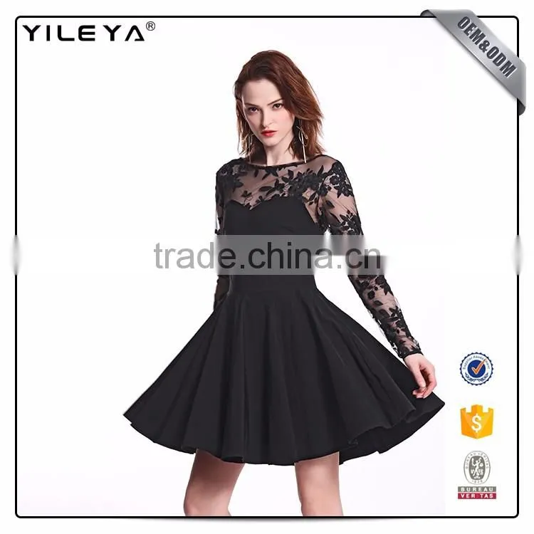 Customizable Pleated High Waist Black Lace Dresss
