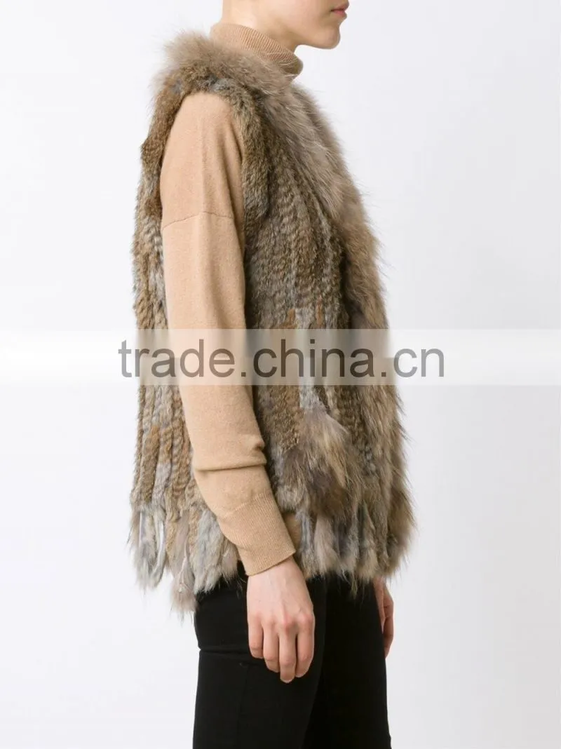 YR006A New Arrive Real Rabbit and Raccoon Hand Knit Vest with Tassels Top Sales Fur Gilet