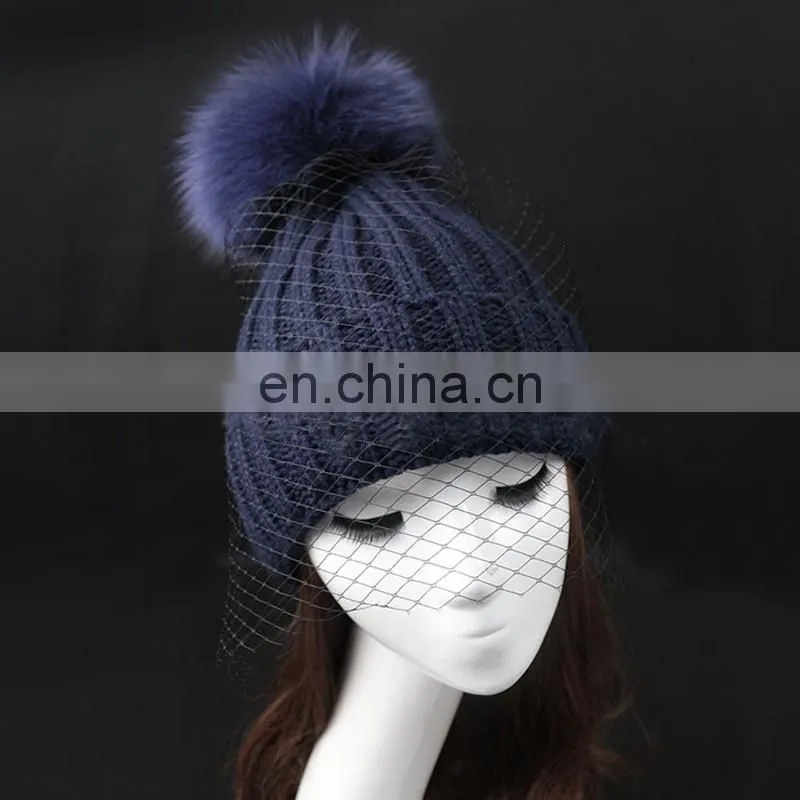 Winter fashion real big fox fur pom pom weaven hats with jacobs