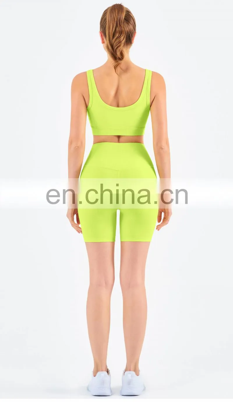 Athletic Ribbed Yoga Fitness Women Square Neckline Sports Bra Biker Shorts Set Gym