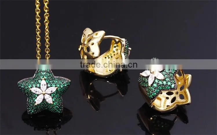 New White Gold Green Color CZ Stones Star Charm Pendant Jewelry Necklace Set