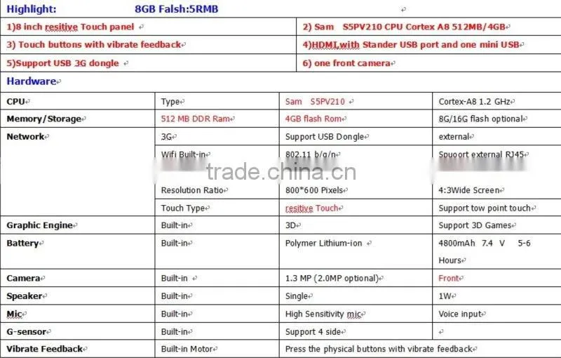 New 8 " Android 2.2/2.3 , S5PV210 CPU Cortex A8 1.2 Ghz , 512MB/4GB, 800* 600 Pixels , 48000mAh Battery Tablet PC