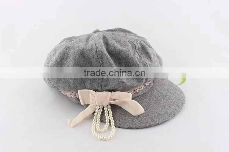 2015 New style original baby girls peaked baseball beret cap with bownot and pearls