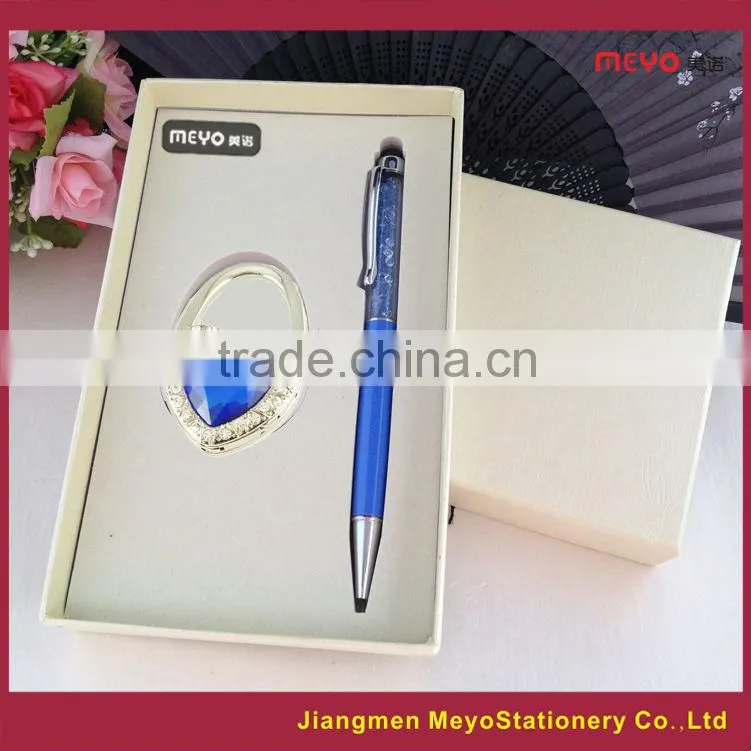 Promotional Gift, Crystal Touch Ball Pen gift set, Heart Shape Folding Women's Bag Hanger set, promotion gift 2015 hot sales
