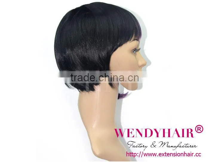 Factory Wholesale MOQ 1 PC one purple streak in black hair short wigs with bangs synthetic wig