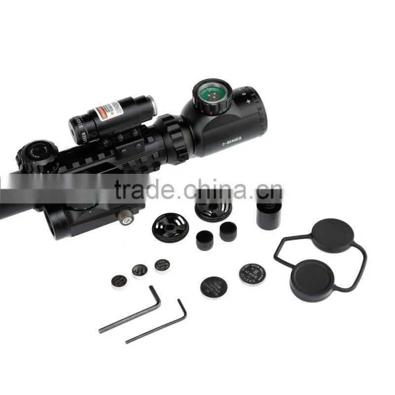 Funpowerland Tactical 3-9x40mm Illuminated Rifle Scope with Red Laser & Red Dot Sight of Red / Green Reticle Mount