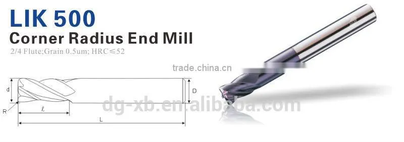 Solid Carbide standard size end mills with corner radius, carbide cnc cutting