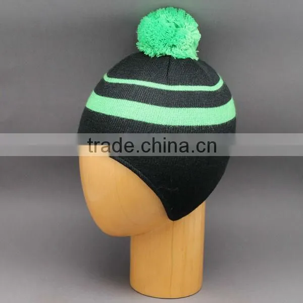 NEWEST HOT SALE WINTER KNIT HAT WITH INSIDE POLAR FLEECE AND EARFLAP WITH STRIPS CHEAP PRICE