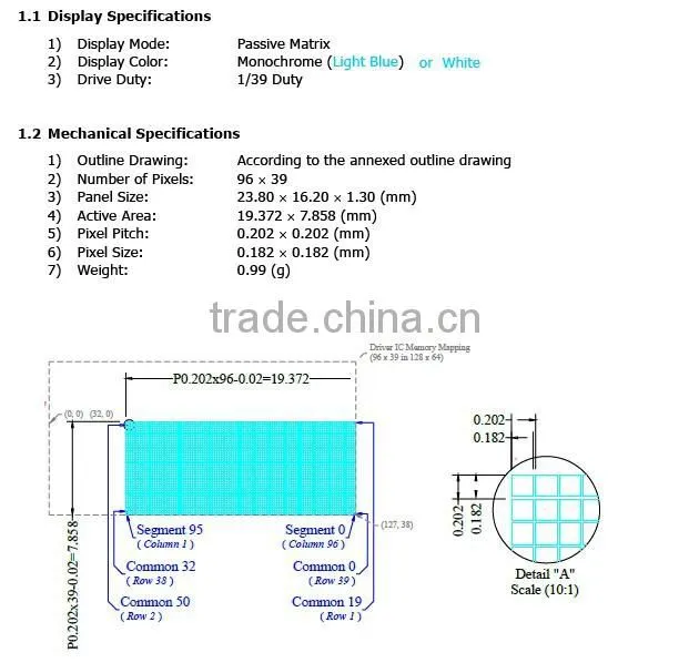 0.83 inch oled 96x39 monochrome lcd display module