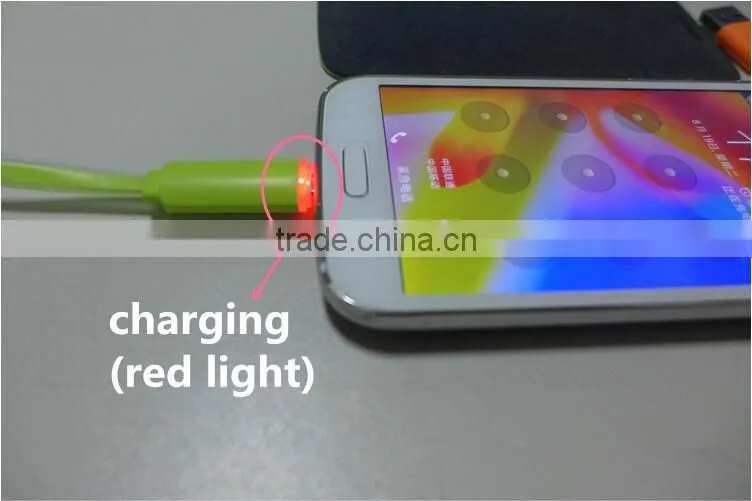 Flat Noodle Design Candy-colored Micro USB cable With Led Light for Android Smart Phone