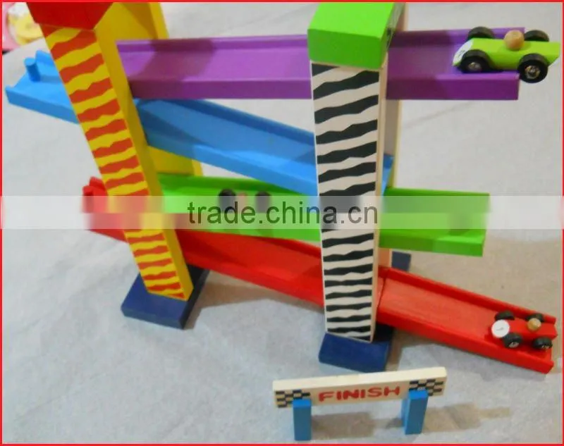 wooden racetrack and sliding racing car toy set