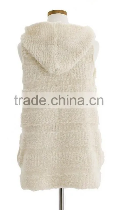 Hot selling cardigan sleeveless hooded womens knitted sweater vest