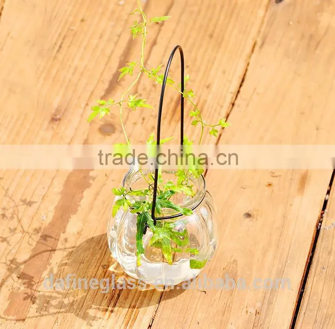 Pumpkin Shape Glass Vase Bottle for plant With Metal Handle Candle Hydroponic/Home Decoration