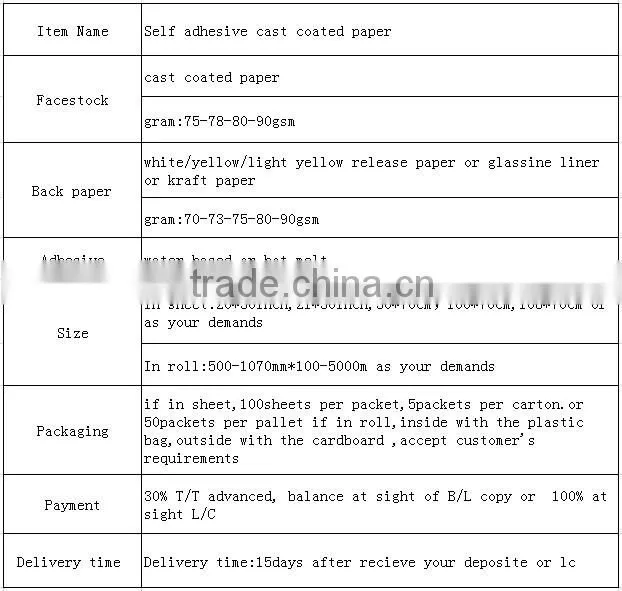 High Quality Self Adhesive Cast Coated Paper